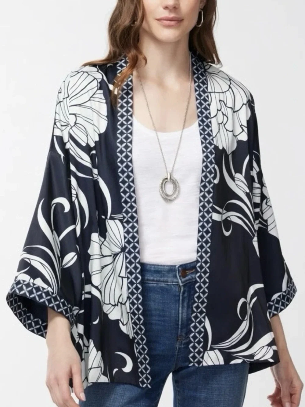 Chico's Reversible Black & White Floral Polka Dot Kimono Jacket Size L/XL - Picture 2 of 8